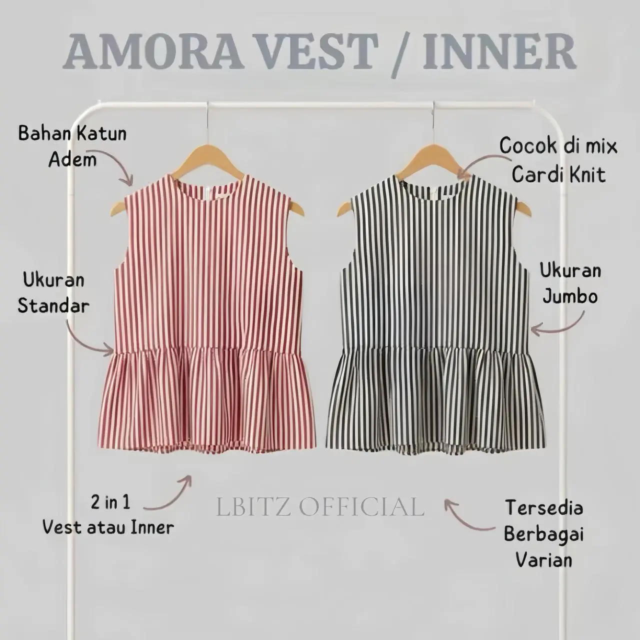 Amora Vest Inner Peplum Top Inner Cardigan Stripe Blouse Top Balon Korean Style Atasan Wanita Casual Rompi