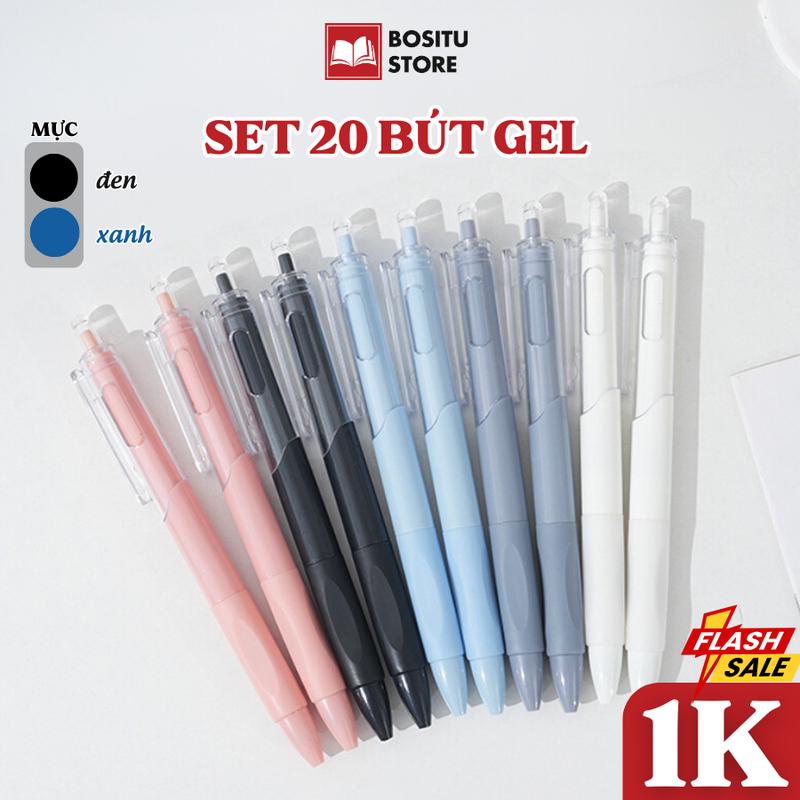 Set 20 Bút Bi Mực Gel Ngòi 0.5MM, Bút Bi Nước Mực Đen Màu Pastel Xinh Xắn - Viết Trơn. Mực Nhanh Khô _ Bositu Store