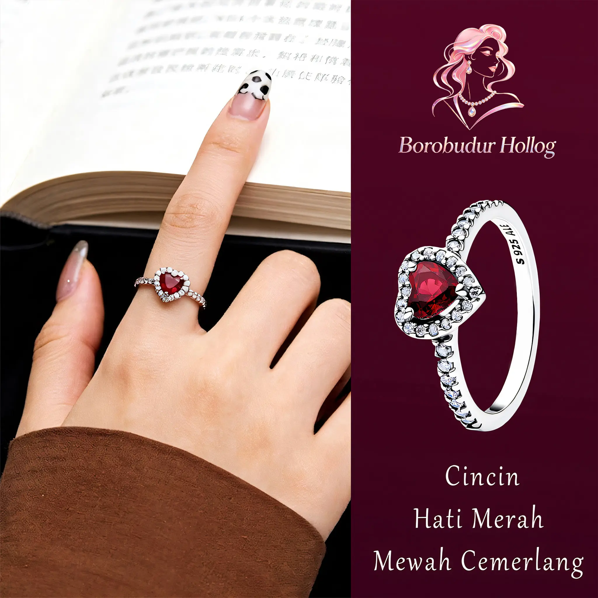 Borobudur Holog - Cincin S925 Perak Murni Hati Merah - Berkilau Bak Batu Rubi Asli - Elegan Sehari-hari - Hadiah Istimewa