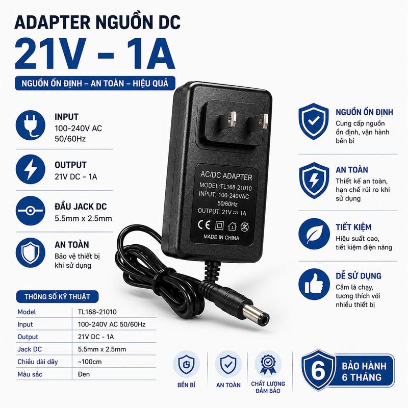 Bộ Sạc 21V 1A Có Đèn LED Báo Nguồn, Đầu Jack Kim 5.5mm, Dùng Cho Thiết Bị Tích Điện Tương Thích