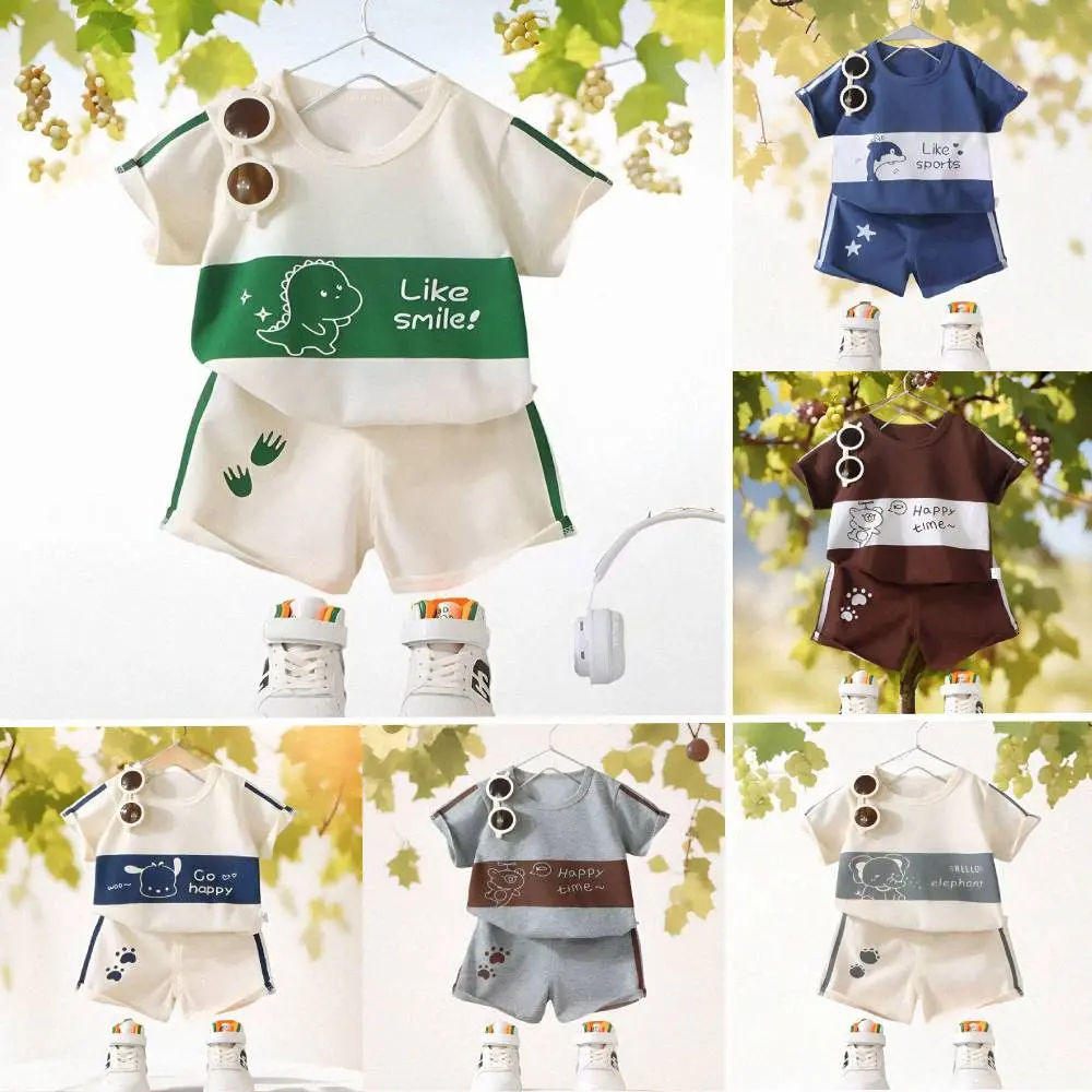 (80-130cm) For 1 2 3 4 5 6 Years Old Terno ShortSleeved Baby Kids Tero Set OutfitFor Boy Gir T-Shirt Shorts Shirt ShortsPattern Casual Pullover Children SuitsSando Childrens Dinosaur Suit
