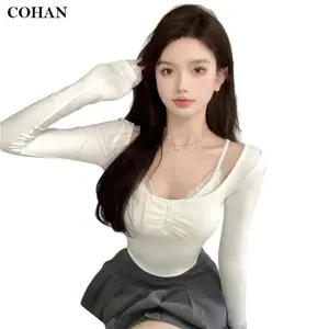 DS021 Women's Top Slimbody Square Neck Collar Long Sleeve Crop Top Wanita Casual S/M/L kaos crop top wanita