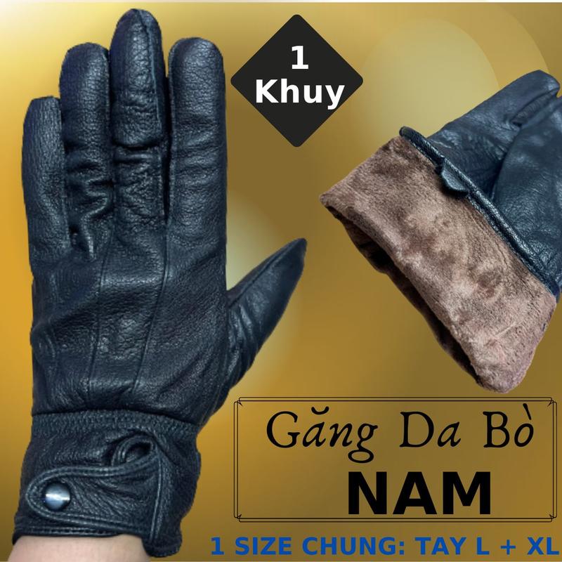  Găng Tay Da Bò 1 Khuy Nam Màu Đen Đi Mưa Thoải Mái Dễ Lái Xe - Không Bong Không Nổ - Bảo Hành Da Thật 5 Năm gang 