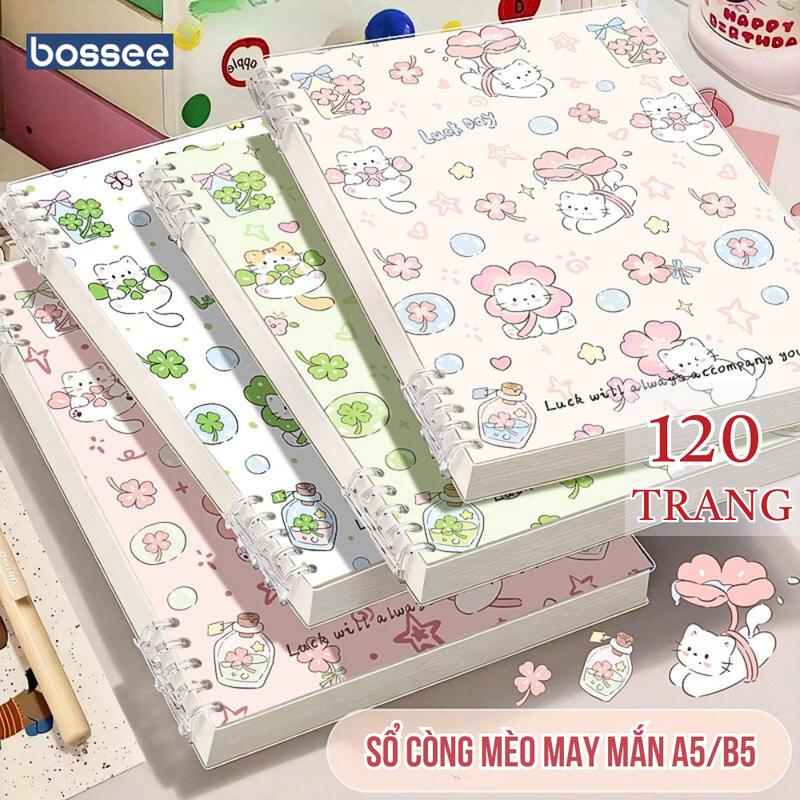 Sổ còng A5 B5 bìa mèo may mắn 120 trang giấy kẻ ngang kẻ vuông - Sổ tay vở ghi…