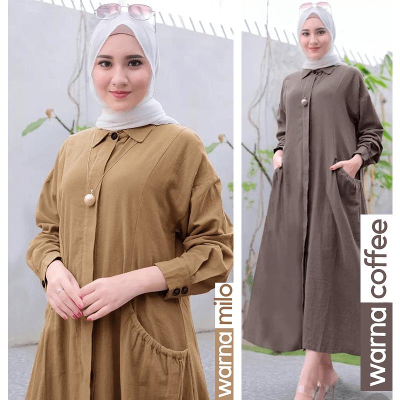 Nadia Gamis Dress Polos Wanita Muslim Korean Style Lengan Panjang Full Kancing sampai bawah busui wudhu friendly Adem nyaman Ukuran Lengkap untuk BB 40kg sampai 120kg Ready Size LD100, LD110, LD120, LD130, LD140, LD150 3