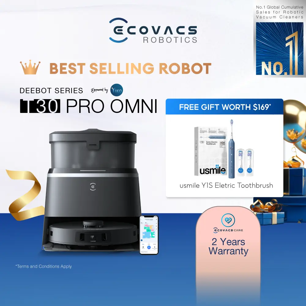 [NEW] ECOVACS DEEBOT T30 PRO OMNI | 11000Pa Suction | TruEdge Mop Extend | 70Deg Mop Wash | YIKO Voice Assistance | 2 Years Warranty