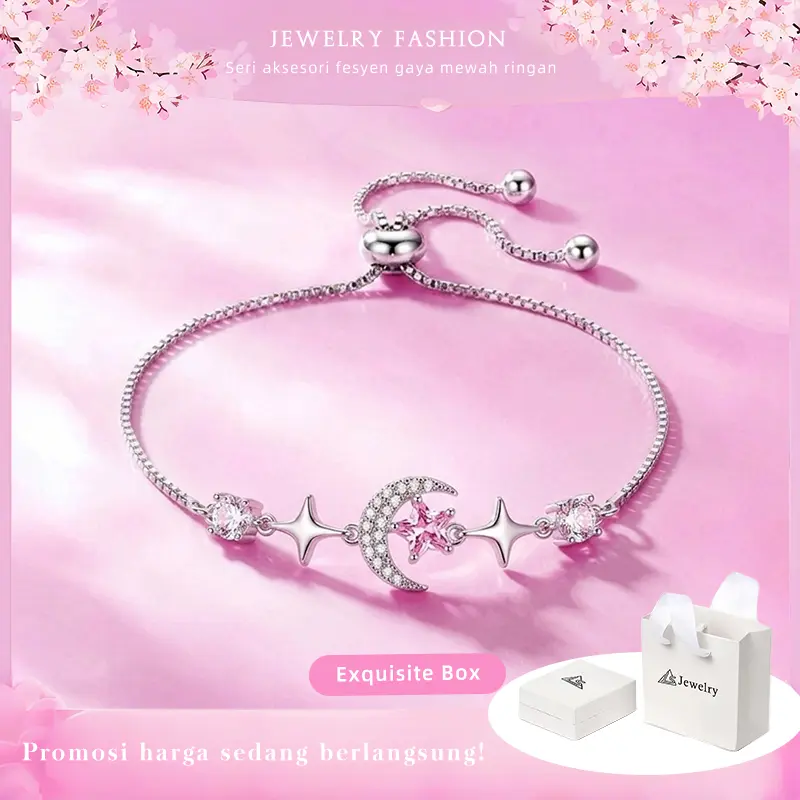 Gelang Wanita Romantis Model Bulan Bintang, Gelang Model Bintang Bulan Dengan Batu Permata Pink, Gelang Perhiasan Fashion Elegan Anti Luntur, Aksesoris Tangan Feminin Tahan Lama, Perhiasan Titanium, Cocok Untuk Hadiah Ulang Tahun Pacar