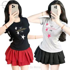 [Size S] Set Phối Áo Babytee Borip Form Basic Nhấn Eo In Hình Tam Sao Phối Chân Váy Tầng Kate Nhúng Viền Lưng Cao, Nữ Kem Women Pants Thun Cổ Tròn