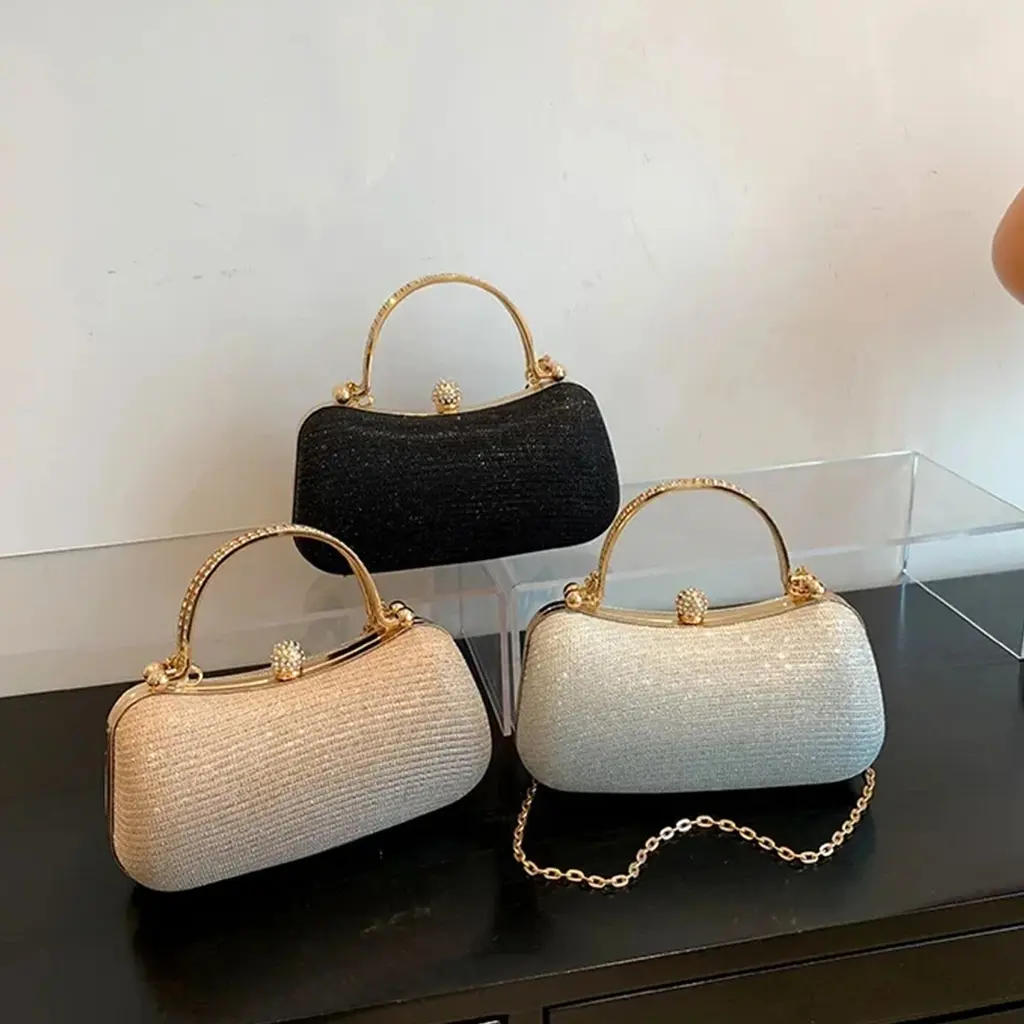Beg Petang, Fesyen, Berlian Emas, Beg Tangan Mewah, Rantai Elegan, Untuk Wanita, Beg Selempang Bahu, Sesuai untuk Majlis Perkahwinan, Beg Klac Bags Hitam