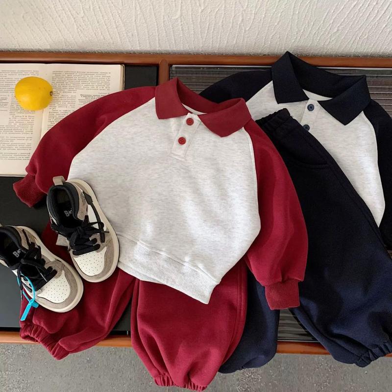Bộ nỉ cổ Polo chất nỉ hai da dày dặn, không bai xù phối 2 màu kèm quần bo gấu năng động cho bé đi học đi chơi size 10-26kg