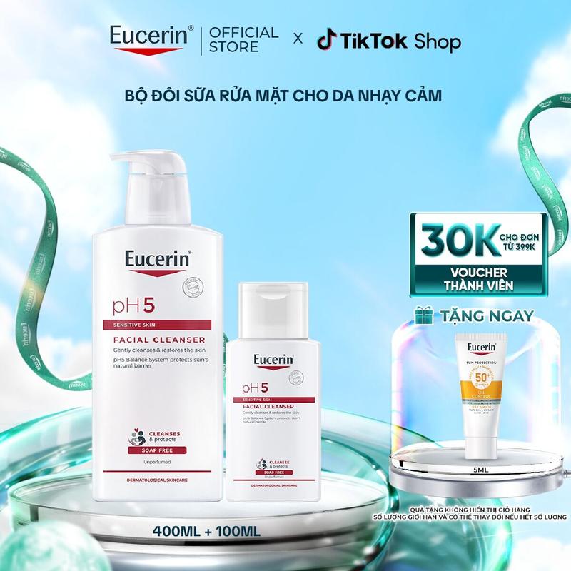Bộ đôi Sữa Rửa Mặt Cho Da Nhạy Cảm Eucerin PH5 Sensitive Skin Facial Cleanser 100ml & 400ml
