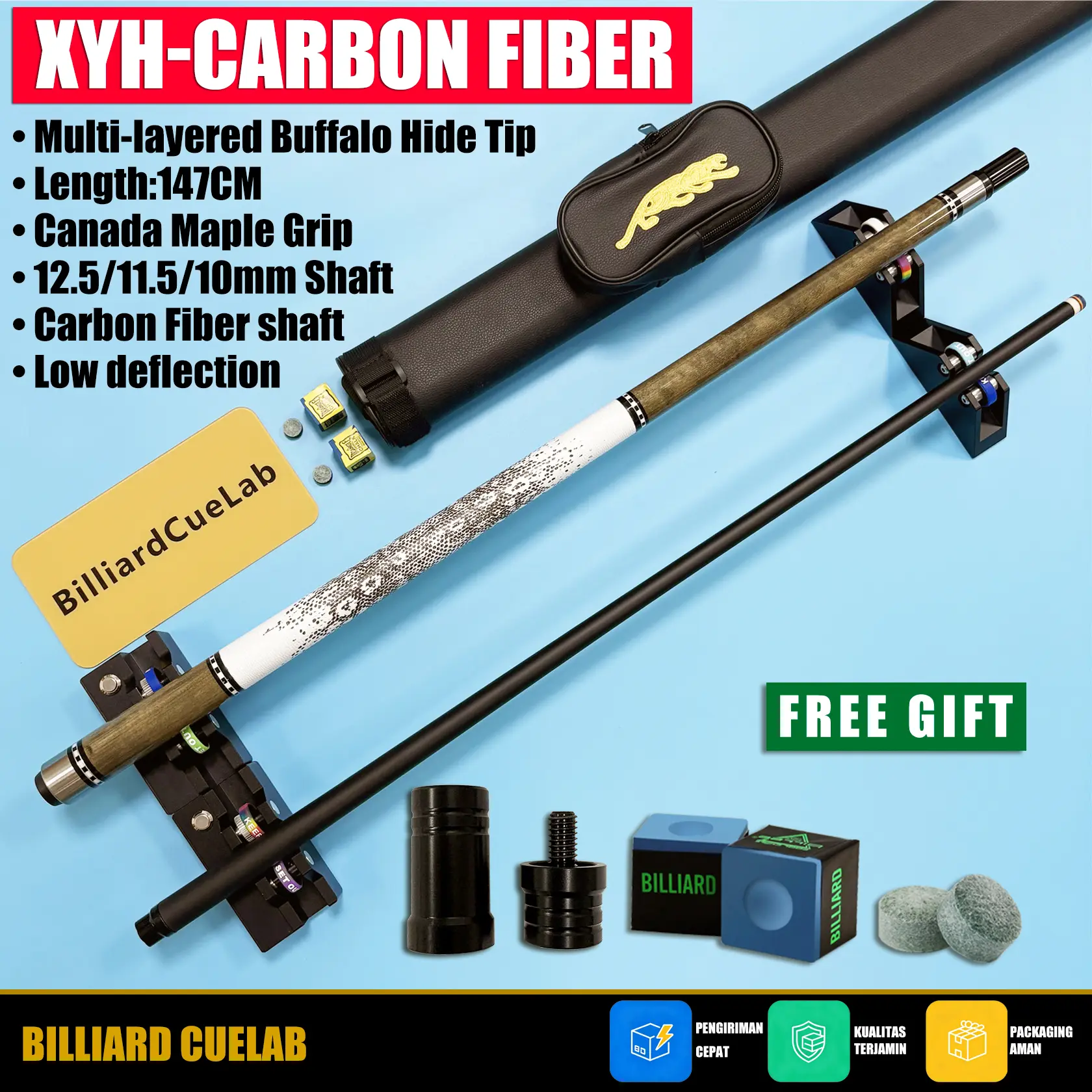 Tongkat Biliar Stik Play Carbon Cue Defleksi Rendah Series lizard Edition Billiard 1/2 Split Professional Karbon Stik Biliar Ball cue sticks 12.5mm 11.5mm 10mm tip cue stick Billiards Stick -Gray