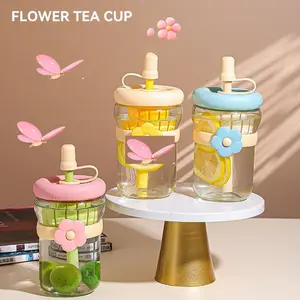 Onion Botol Minum Kaca Motif Bunga 500ml dengan Sedotan Silikon & Tutup Plastik Import Unik untuk Indoor Outdoor Hadiah Bahan Kaca Asal Import Warna Pink Kuning Ungu Biru Fungsi Gelas Mug Cangkir