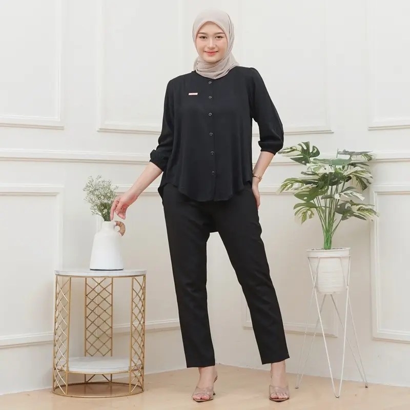 Atasan Wanita Rayon Twill premium Panjang Baju Dewasa All size  muat sampe BB 70  Nyaman Lembut Kancing Kain Formal High Hitam 4
