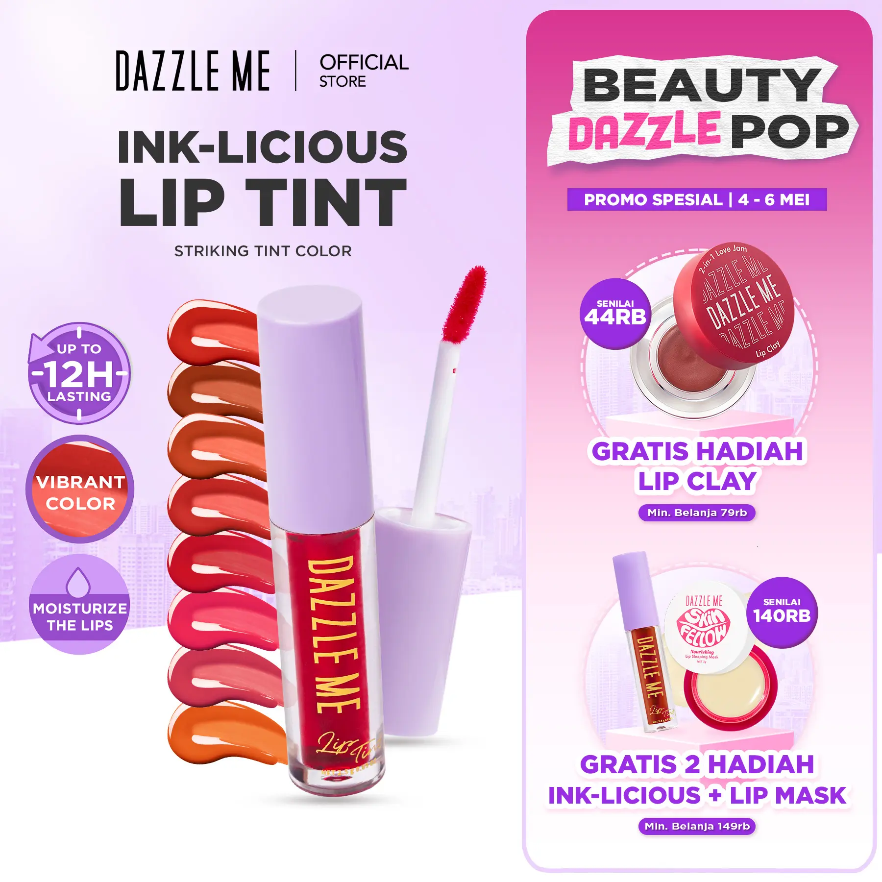 [BPOM] DAZZLE ME Ink-Licious Lip Tint Mattedorable Long Lasting Liptint Hyper Moisturizing Lip Stain Lipstick Gloss Natural Glow Lips & Tahan 12 Jam