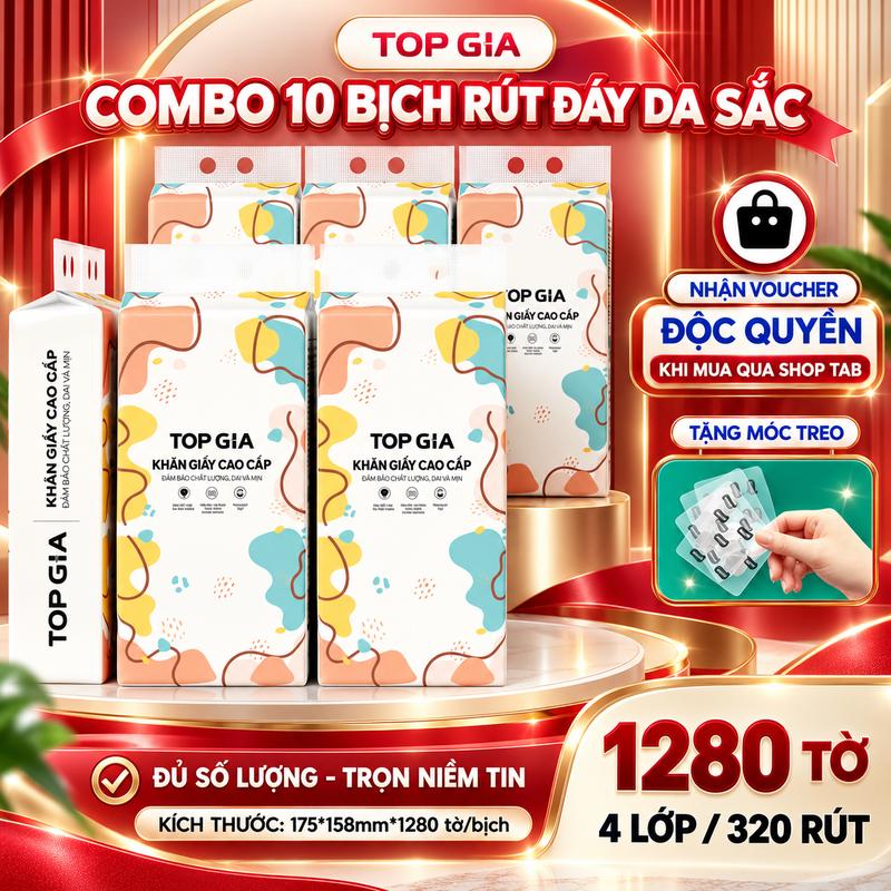 [Combo 10 Bịch - SIZE TO] Khăn Giấy Top Gia Treo Tường 1280 Tờ 4 Lớp Dày Dai Mềm Mịn Tiện Lợi An Toàn