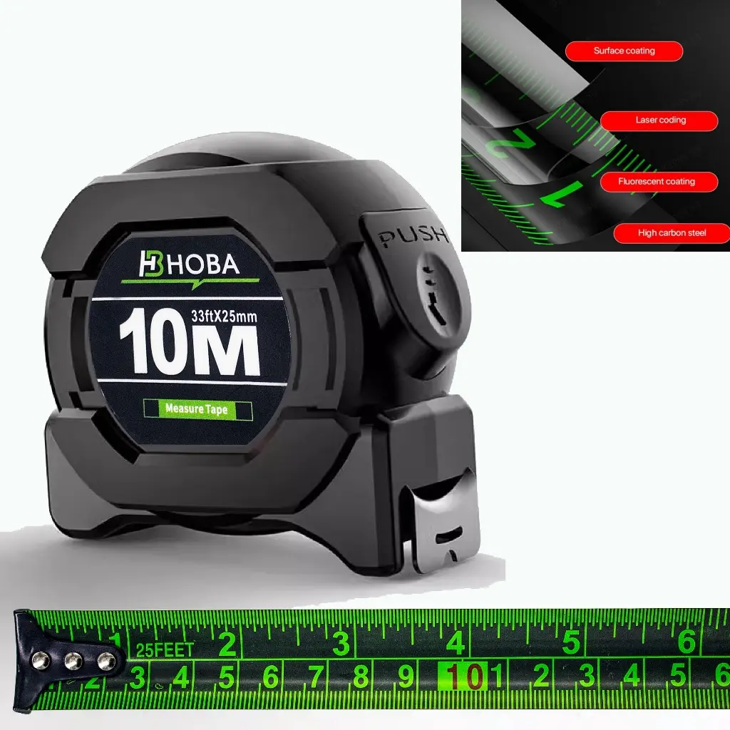 HOBA Meteran Tukang Bahan Stainless 10M Pita Pengukur Kelas Industri Presisi Tinggi Self-locking Fluorescent Steel Roll Multifungsi