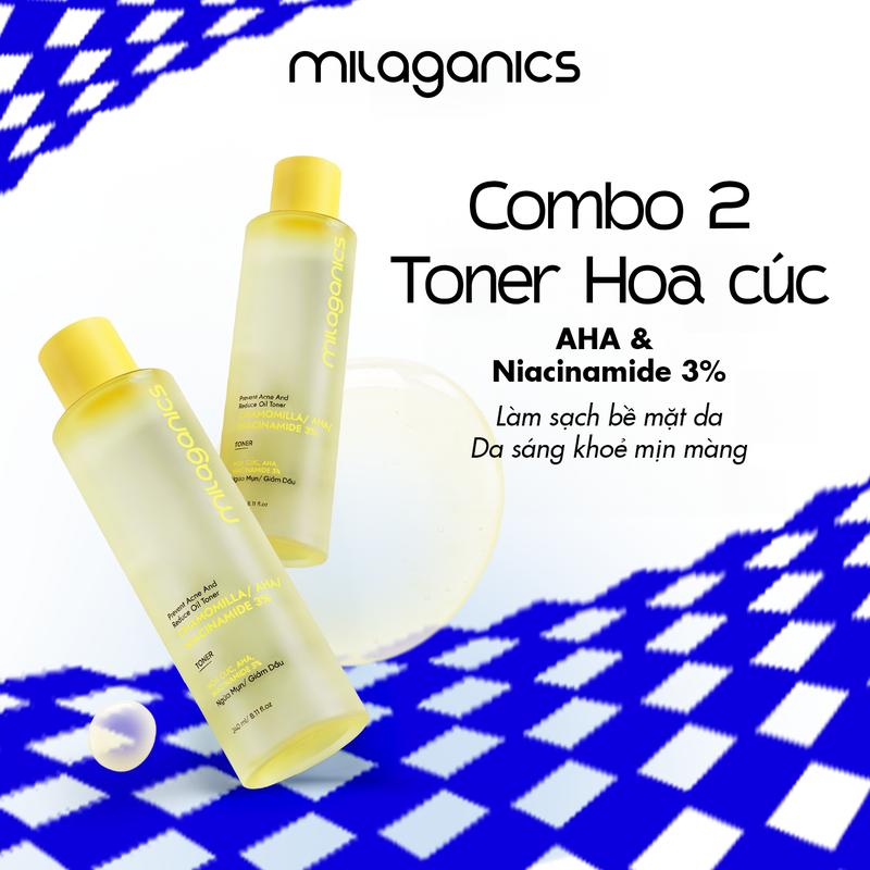  DEAL ĐỘC QUYỀN - ONLY 229K  Combo 2 Toner Hoa Cúc Giúp Kiềm Dầu Sáng Da MILAGANICS Dành Cho Da Dầu Mụn AHA 5% Niacinamide 3% - Nước Hoa Hồng Hoa Cúc Dưỡng Ẩm Trắng Da Mặt Giảm Mụn Ẩn Sáng Da Mờ Thâm Đều Màu Da Khô Chăm Sóc Da Dưỡng Da Mặt Skincare 