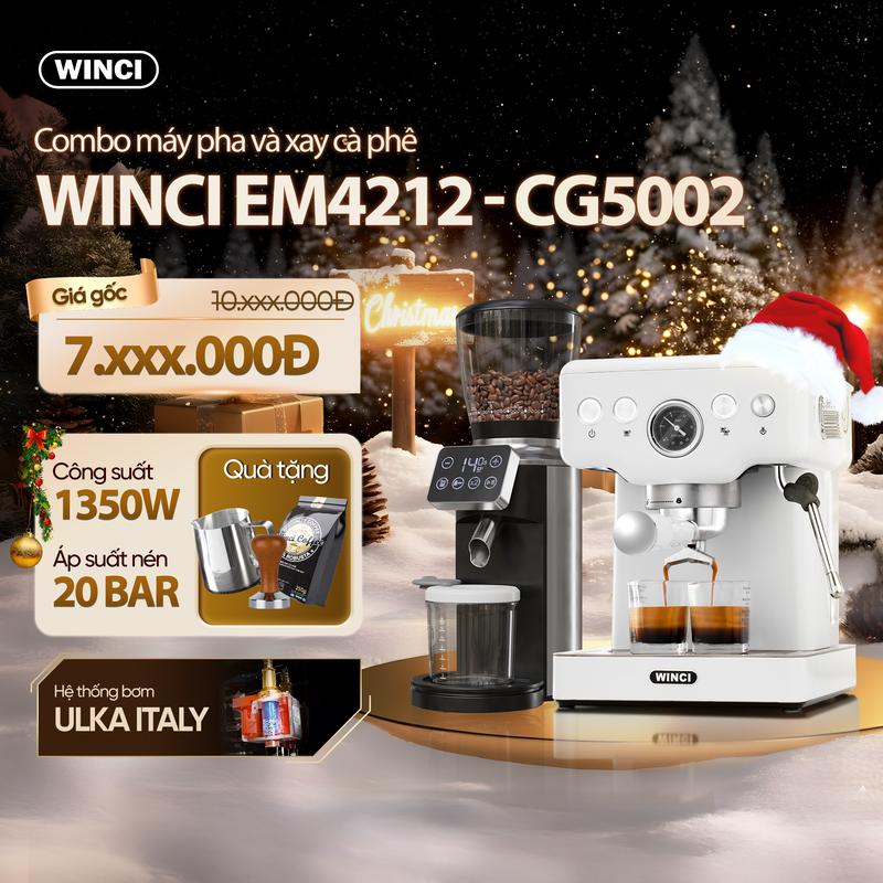  COMBO Máy Pha Cà Phê Espresso Winci EM4212  và  Máy xay cà phê CG5002   Giá đã bao gồm VAT   Pha Cafe Tự Động Công Suất 1350w Áp Suất 20Bar tặng 1 gói cafe  1 ca inox Máy Xay Cà Phê Xay Cà Phê 