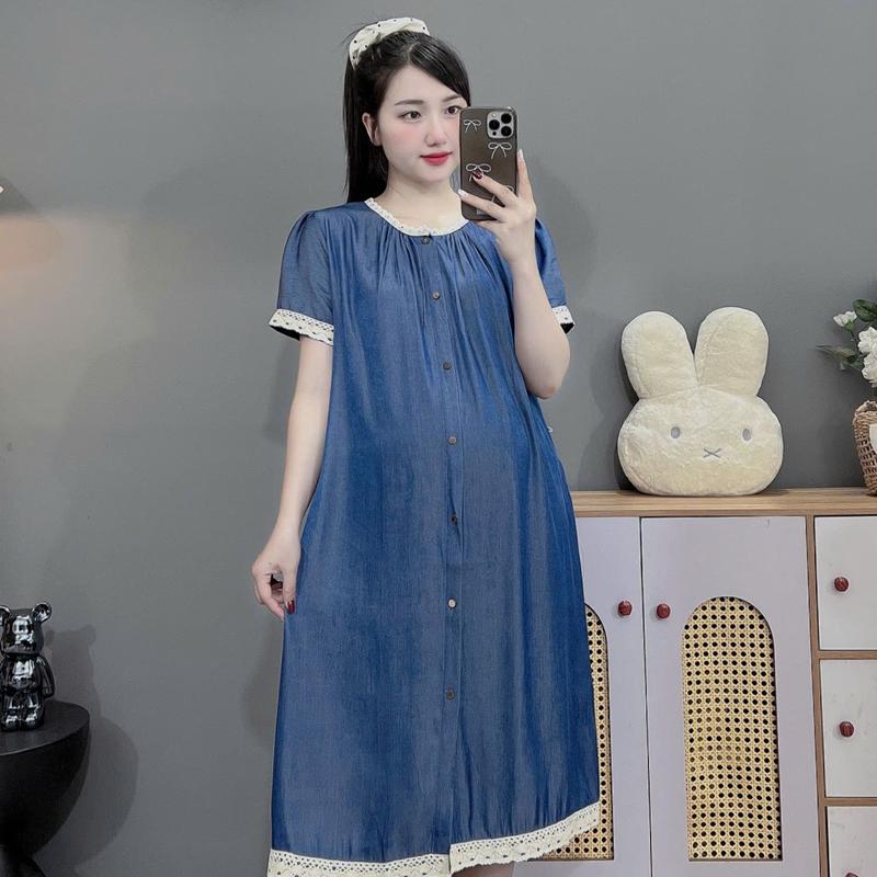 ( Đủ size 45-100kg) váy bầu, đầm bầu Bigsize chất bò lụa thiết kế cúc trước phối cổ và tay cực xinh