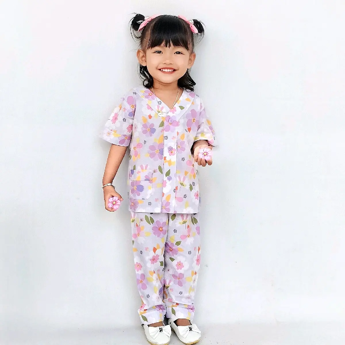 aghni boutique Piyama Anak Baju tidur Perempuan tanpa Kerah Pakaian Cantik Fashion organik size: m (3-4 tahun) 9-10 tahun