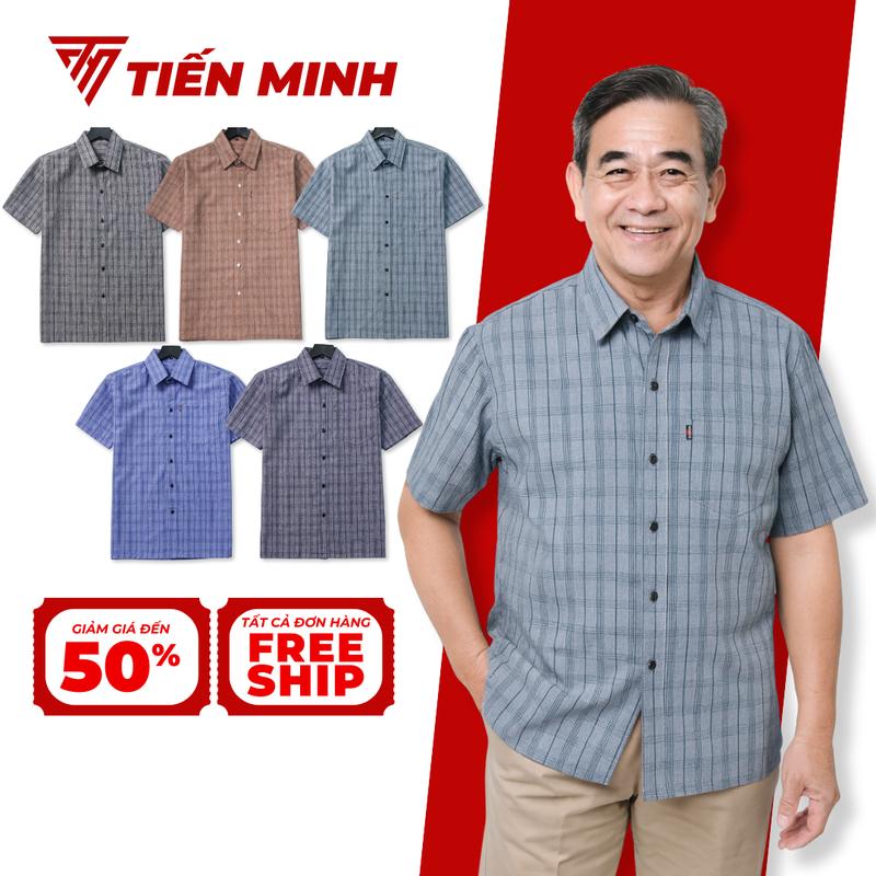(Mã 01) Áo Sơ Mi Trung Niên Nam Ngắn Tay Dáng Suông Vạt Ngang TM Fashion Họa Tiết Kẻ Caro Vải Kate Cao Cấp Menswear TM1 sominam dep Ong Xám
