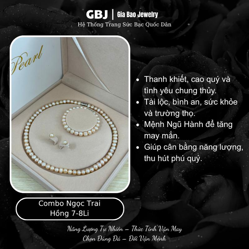   TẶNG HỘP  Combo Dây Chuyền - Hoa Tai - Vòng Tay N.gọc T.rai Hồng 7-8Li C.AO C.ẤP GB448 Sang Trọng Quý Phái Dành Cho Nữ GBJ1582 