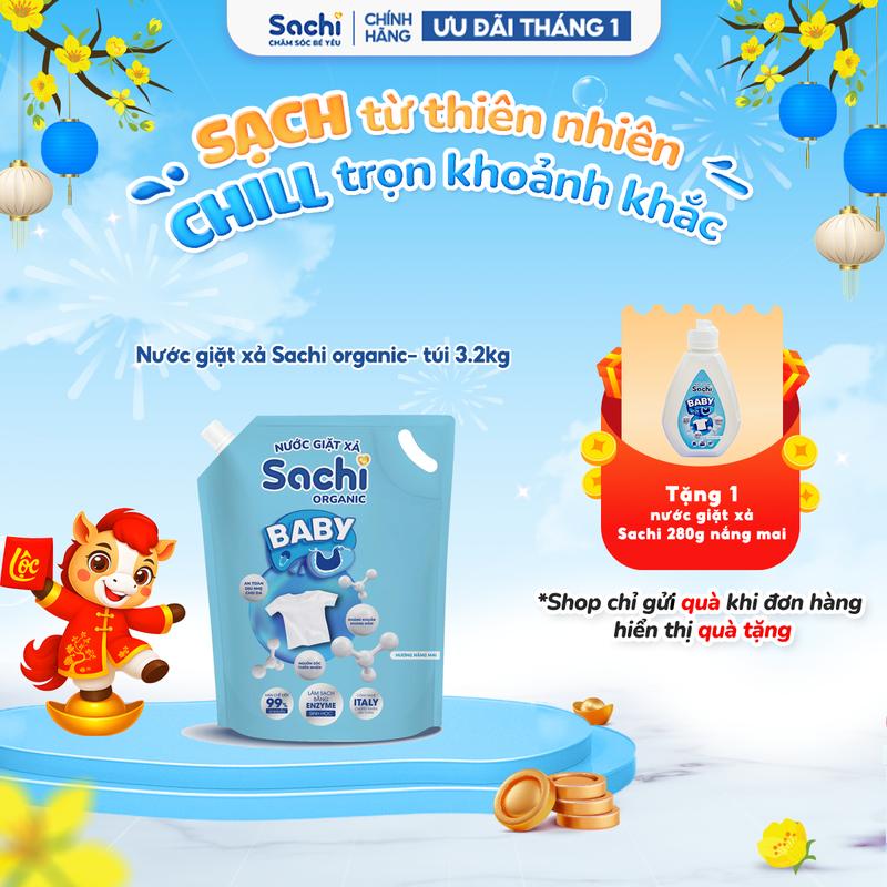 Nước giặt xả Sachi organic cho bé túi dung tích 3,2 lít giúp làm sạch chất bẩn giữ màu sợi vải