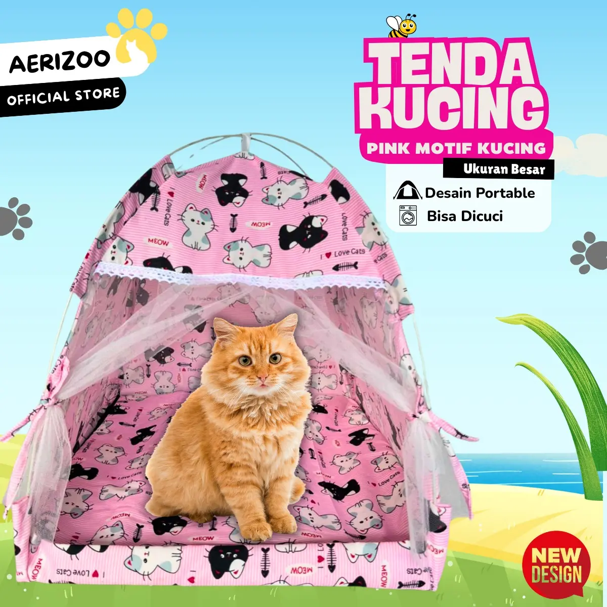 Aerizoo Tenda Kucing Portable 45×45 cm Pink – Bisa Dilipat & Dicuci, Include Matras, Desain Berpintu untuk Kenyamanan Kucing