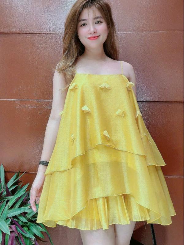 Bộ Yếm quần váy 2 dây voan tơ nhũ đính hoa hàng thiết kế