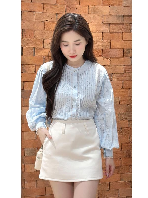 Áo Sơ Mi Đũi Kiểu Nữ Xếp Ly Cổ Tàu Tay Bồng Xuyên Thấu Nhẹ Nữ Tính Trắng Xanh Đi Học Đi Làm Đi Chơi A13