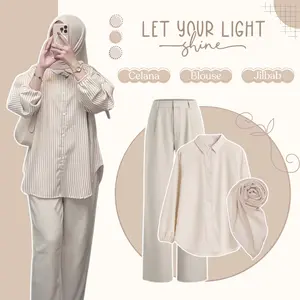 Outfit Casual For Hangout (Blouse Katun Salur Balon - Celana Kulot - Jilbab) OOTD Setelan Waniat Remaja Terbaru LO43N