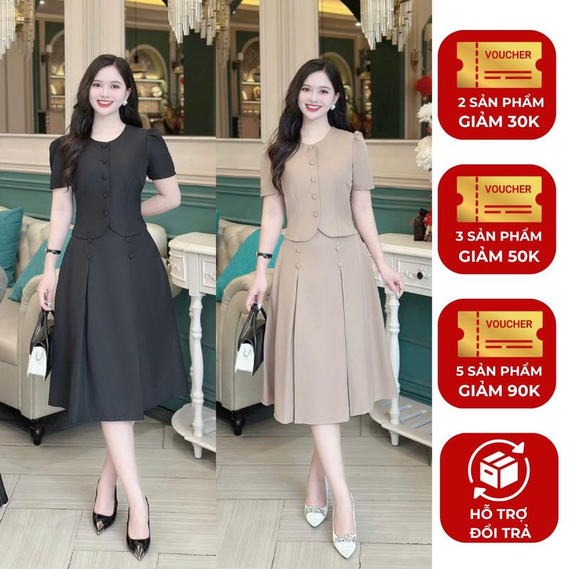 Set váy nữ thiết kế Nhật Vy áo cổ tròn kèm chân dài chất lụa bigsize dự tiệc công sở văn phòng màu đen nâu xám kem xanh - D3248