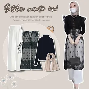 One Set Outfit Wanita 4in1 (Outer brokat, Inner manset, Celana, Bella square) OOTD Kekinian
