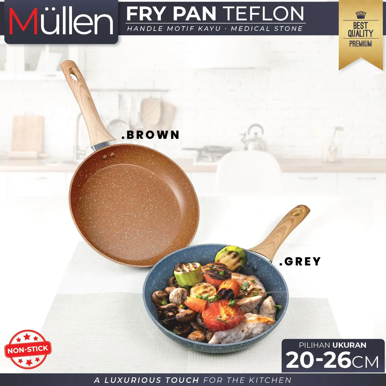 [SPECIAL] Mullen Fry Pan Marble Tanpa Tutup Anti Lengket Marble Coating Granit Gagang Kayu Premium 20/22/24/26cm Kitchenware