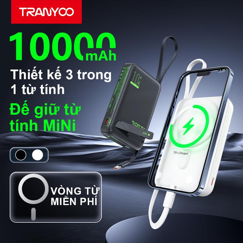 TRANYOO Sạc Dự Phòng Không Dây 10000mAh F26 Sạc Nhanh Tích Hợp Cáp Type-c 22.5W Màn Hình LED Sạc Magsafe Cho iP 12 13 14 15 16 Pro Promax Hỗ Trợ Cáp Sạc Type- C PD22.5W Hấp Thụ Từ Tính Có Chân Đế Phụ Kiện Sạc Pin sạcdựphòng magsafe