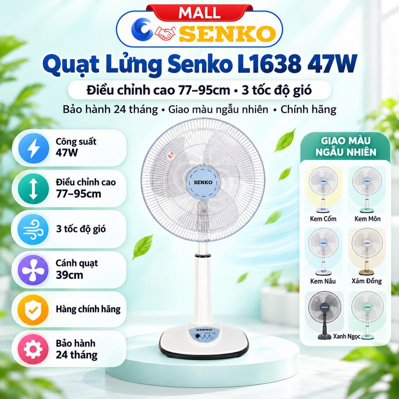 Quạt Lửng Senko L1638 47W, Điều Chỉnh Cao 77-95cm, 3 Tốc Độ Gió, Bảo Hành 24 Tháng, Giao màu ngẫu nhiên - Chính Hãng