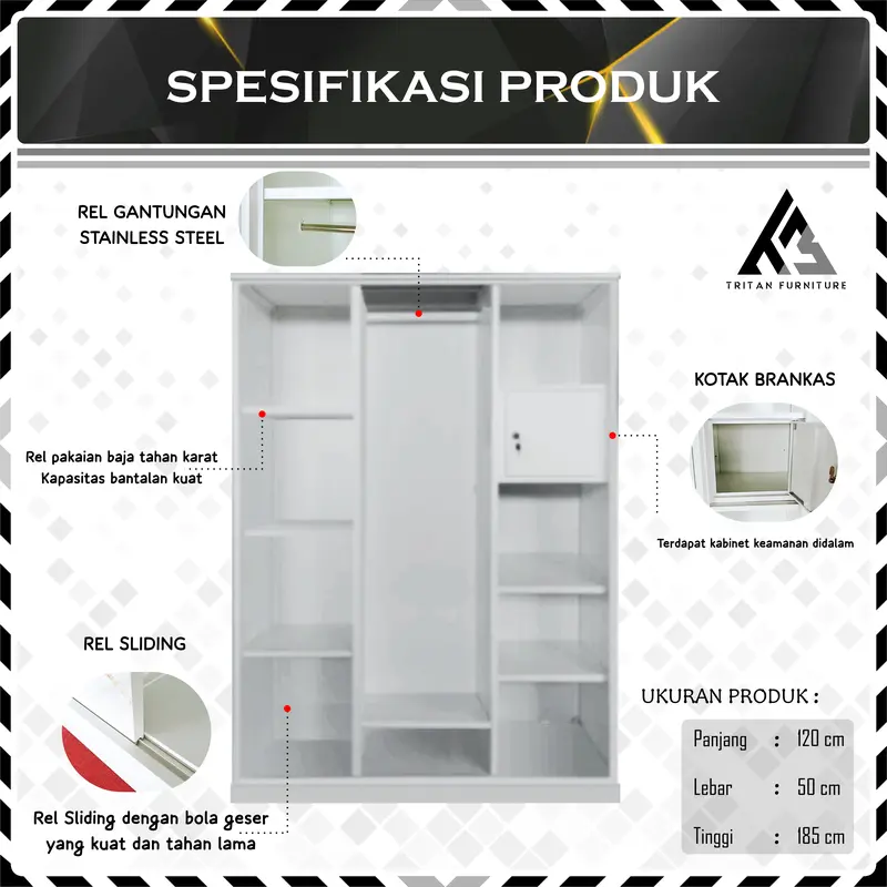 LPB TRITAN 3PK - Lemari Pakaian Besi 3 Pintu Sliding Tritan Furniture 1