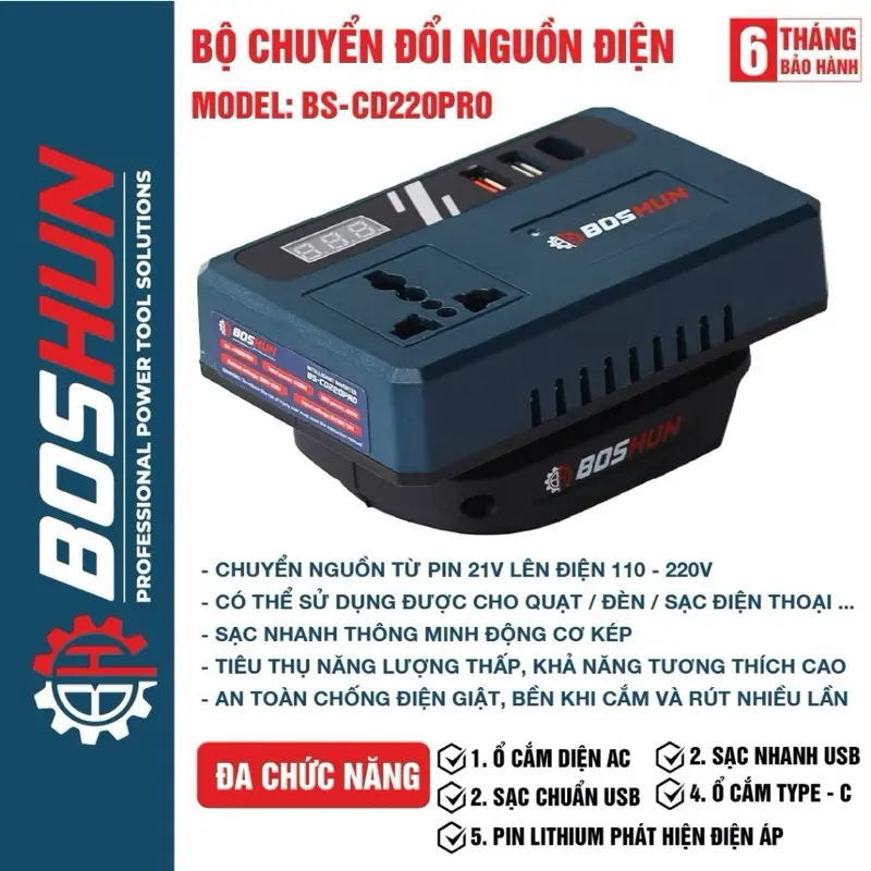 Bộ Đế chuyển đổi nguồn điện BOSHUN -CD220PRO chuyển từ pin 21v lên 110 - 220v, Chân pin phổ thông 4cm - bảo hành 12 tháng