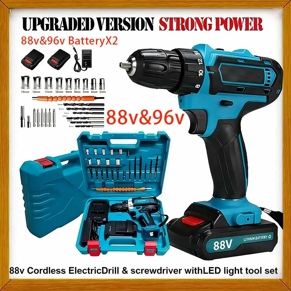 MAKlTAListrik 10mm Cordless Drill  88VF AND 96VF & Screwdriver Vekory dengan 2 Baterai Cas LED Light Tool Set untukBesi Tembok Beton Kayu