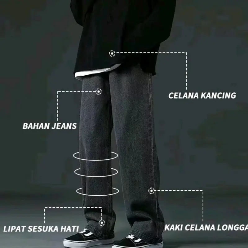 Celana Jeans Pria loose pants style highwaist- Celana panjang cowok korean style denim - Celana jeans pria longgar gombrong original acid baggy pants oversize Nyaman Hitam 4