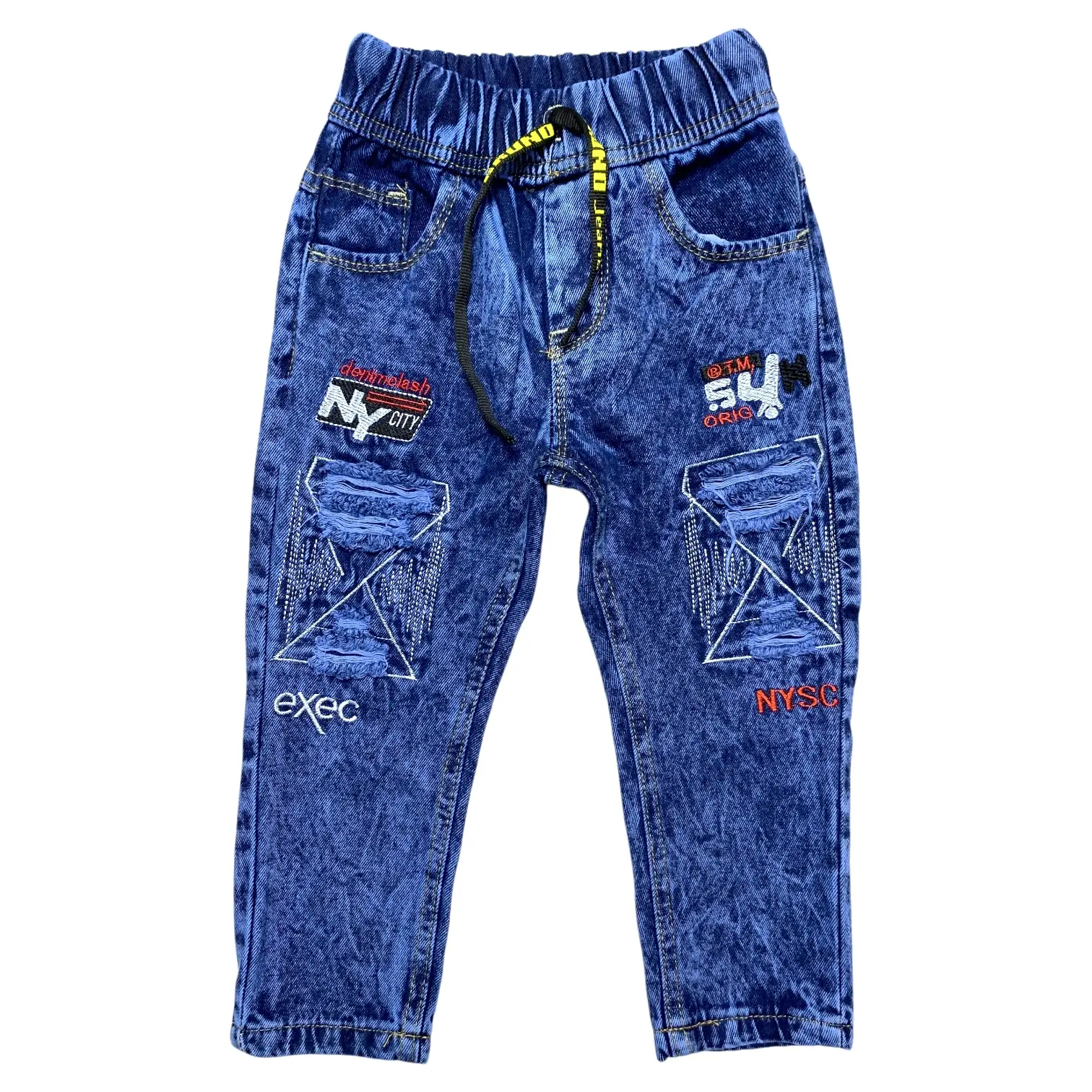 CELANA JEANS DENIM ANAK LAKI-LAKI MOTIF ROBEK/SOBEK USIA 1-5 TAHUN  MODEL BORDIR KEKINIAN DENGAN KOLOR, PJ117 Bayi