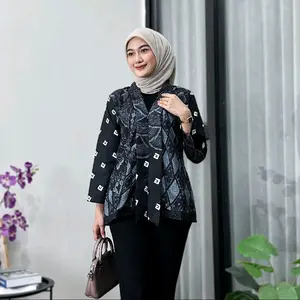 Blouse Batik Wanita Lengan Panjang 2024 Terbaru - Koleksi Fashion Modern dan Elegan - Katun, Baju Motif ABU - Hitam, Atasan Kantor Casual Kerja Seragam Formal