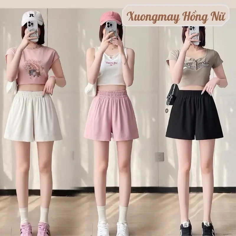 ￼Quần Short Đùi Nữ Ống Rộng Cạp Chun Màu Hồng Đen Kem - Quần sooc nữ mặc nhà ngủ đi chơi biển thể thao