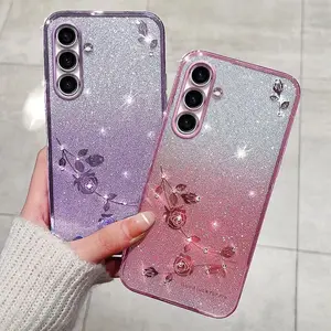 Diamond Glitter Flower Case Untuk Samsung Galaxy A54 A55 A05S A05 A15 A24 A25 S23FE S23 S24 Ultra 5G 4G Bunga Mewah Bening Lapisan Silikon Soft Cover