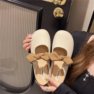 Sepatu Flat Wanita dengan Pita (Dua Gaya Pakai), Slip-On Model Selop Terbuka dengan Ujung Persegi, Sepatu Kasual Modis Berbahan Kulit PU untuk Segala Musim