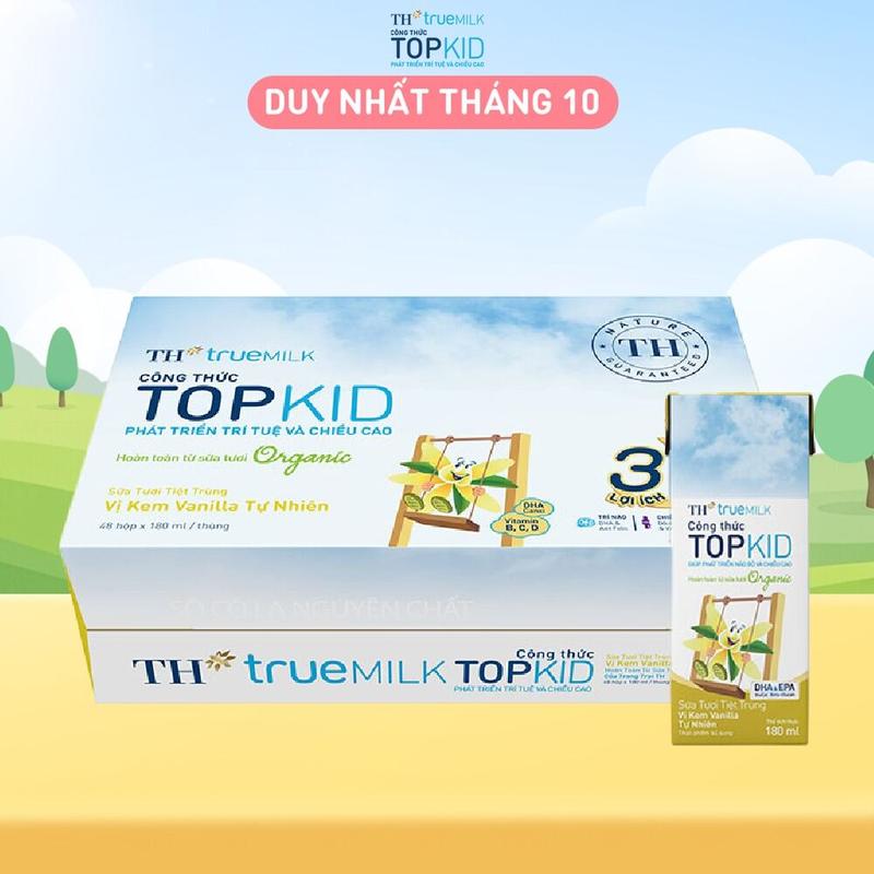 Thùng 48 hộp sữa tươi tiệt trùng TH true MILK TOPKID Organic vị kem vanilla tự nhiên 180 ml (180 ml x 48)
