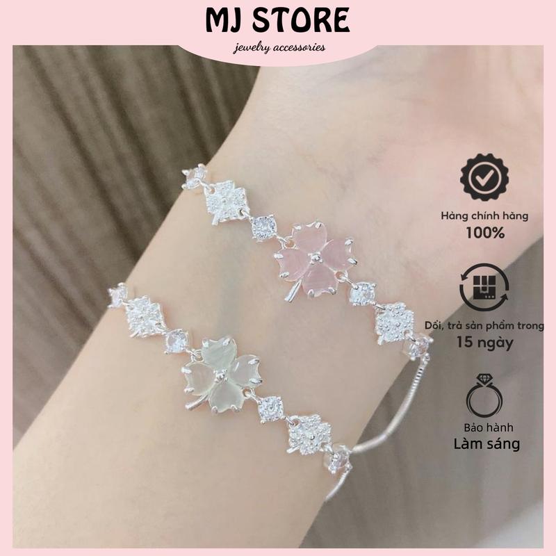 Vivi Lắc tay bạc nữ , vòng tay trang sức dây rút cỏ 4 lá đính đá tinh tế thanh lịch