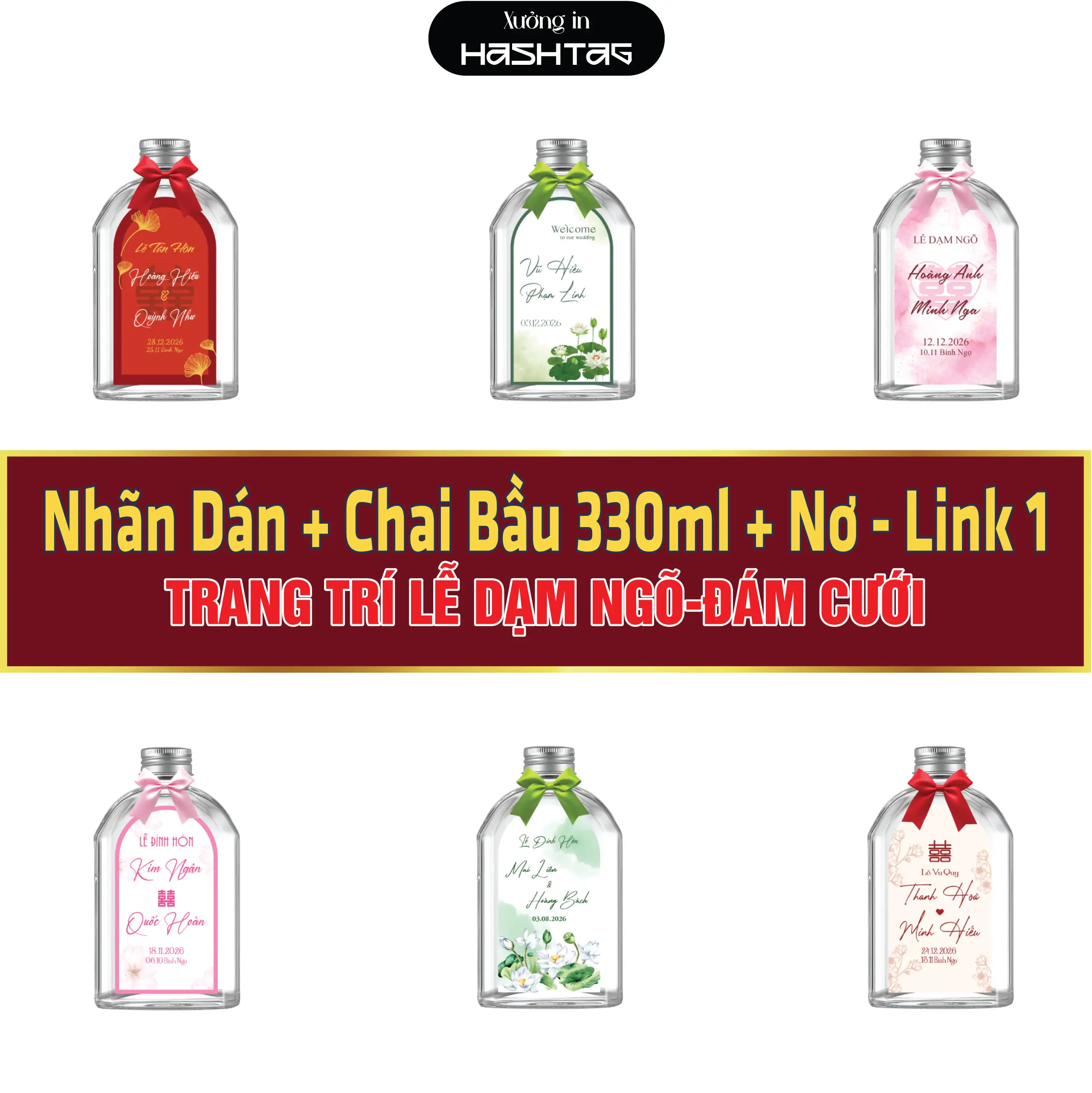 [ Nhãn Dán + Chai Bầu 330ml + Nơ Link 1 ]  Combo (Nhãn dán + Chai Bầu 330ml + nơ) Trang Trí  Lễ Dạm Ngõ,Đám Cưới, Đám Hỏi