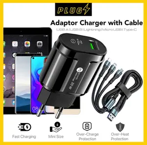 [COD] PLUGS Charger BLACK 20W Fullset Charger With 3in1USB Type C Lightning Cable Fast Charging
